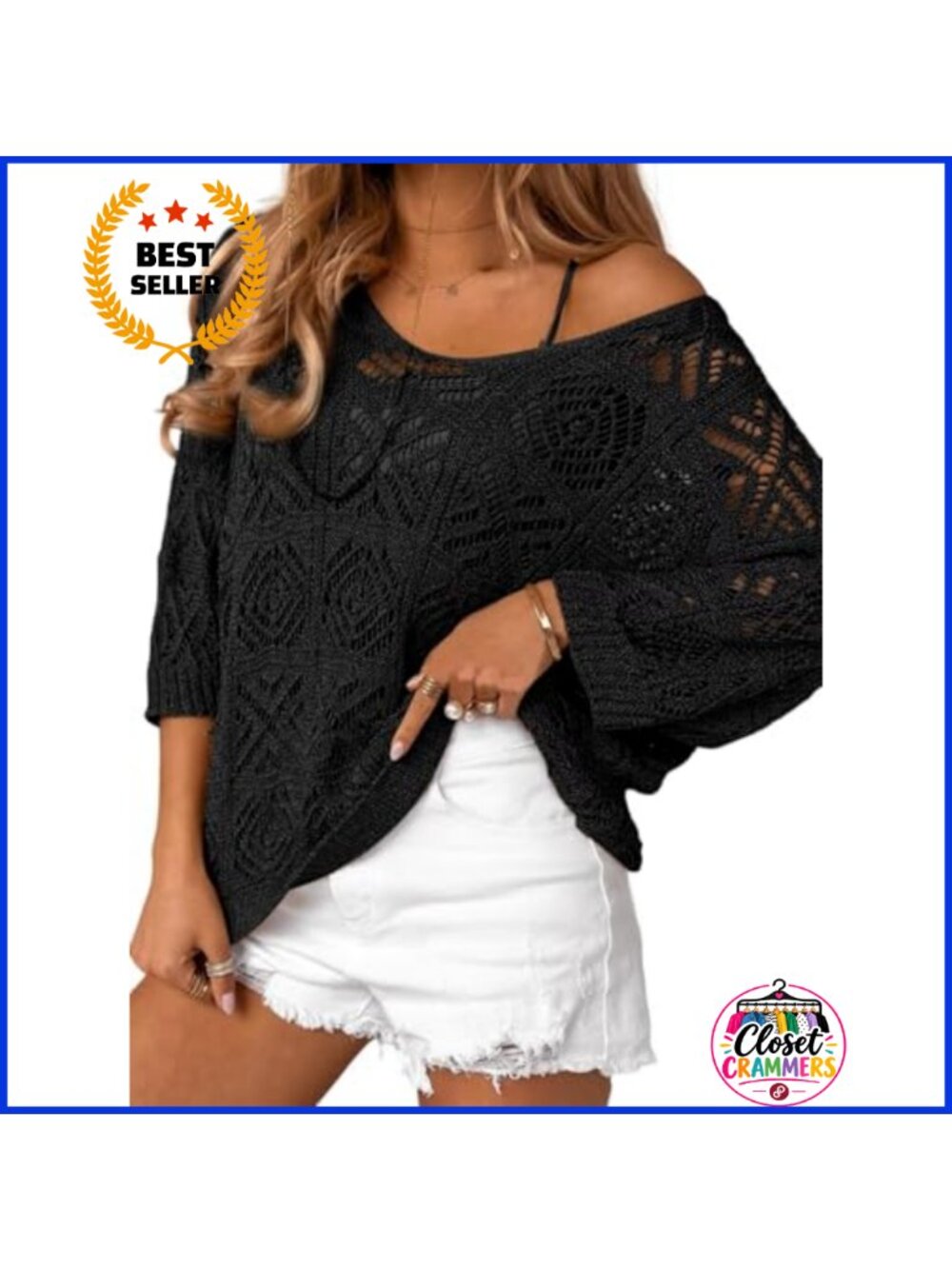 Crochet Hollow Out 3/4 Sleeve Pullover Off Shoulder Coverup Sweater